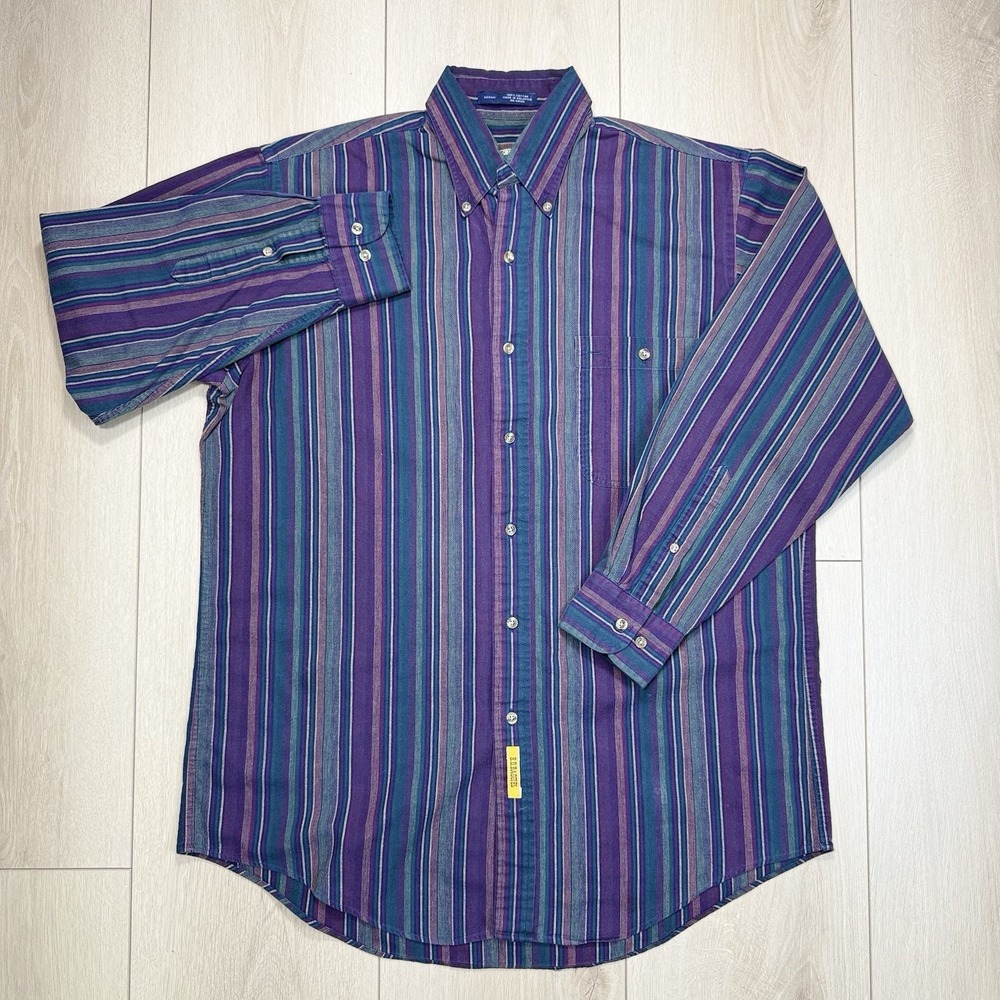 VTG B.D. Baggies Striped Button Up Shirt Mens M Purple Teal 100% Cotton 90s‎